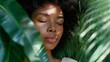 AI generated illustration of an African American woman with closed eyes resting near a plant