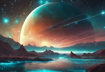 Wall Mural - AI generated illustration of A distant planet in space with celestial mountains and stars