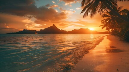 a sunset over the ocean with a boat on it and palm trees on either side