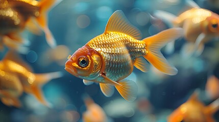 Poster - AI-generated illustration of a group of goldfish swimming in water