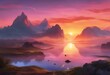 AI generated illustration of sunset over ocean mountains with rocks & grass