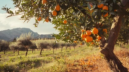 Poster - AI generated illustration of oranges hanging in a sunny field on a tree