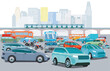 Stadtsilhouette einer Stadt mit Verkehrs-Stau  illustration