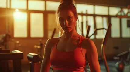 Wall Mural - Focused woman exercising in a sunset gym