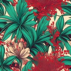 Wall Mural - AI generated illustration of abstract red flower plant pattern with lush green leaves