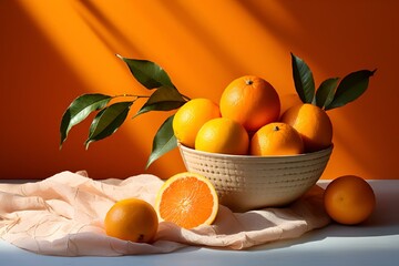 Sticker - AI-generated illustration of Fresh oranges in a bowl with green leaves