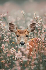 Sticker - AI generated illustration of a deer in a flower-filled field gazes at the camera