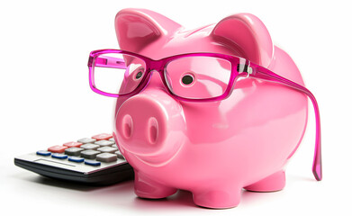 Smart Savings: Piggy Bank with Eyeglasses and Calculator