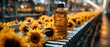 Golden Sunflower Oil Procession Amidst Blossoms. Concept Sunflower Harvest, Oil Extraction, Industrial Process, Quality Check, Packaging