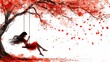 A lady on a swing under a cherry blossom tree, petals falling gently around her, embodying the warmth of summer  isolated on white background clipart