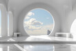 A circular white room with arched windows and marble floors, overlooking the sky through clouds in a minimalistic style with soft lighting. Created with Ai