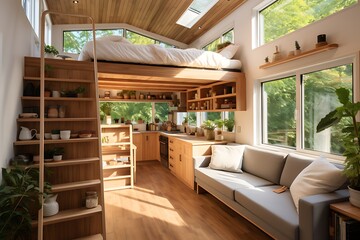 interior of a rustic attic bedroom with wooden furniture and fireplace