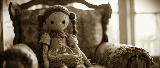 Nostalgic crochet amigurumi doll in vintage dress, seated on an antique chair, soft sepia tones , cinematic