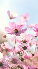 Wall Mural - AI generated illustration of pink flowers in a field under a vibrant blue sky