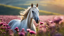 Portrait Of White Horse In Field With Pink Flowers. Farm Or Wild Animal. Blurred Natural Backdrop.