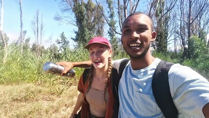 Sticker - Face, hiking vlog and live streaming with couple, online and eco travel adventure in Vietnam. Walking, influencer and streamer on organic, outdoor and NGO farm with volunteer of vlogger in nature