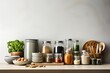 Wooden shelf with different cooking utensils and herbs in kitchen