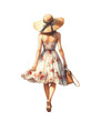 Stylish fashionable girl young woman in a summer dress with a handbag and a straw hat; back view. Watercolor illustration isolated on transparent background
