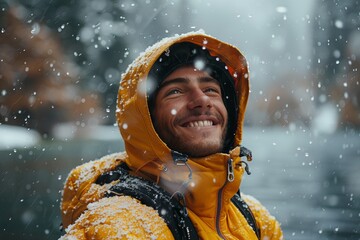 Wall Mural - Young man with a happy smile enjoying the snowy winter outdoors.