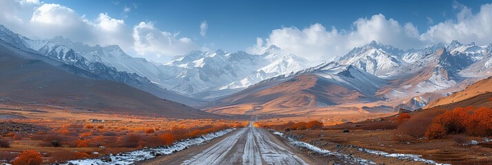 Wall Mural - The scenic road winds through the snow-capped mountains, offering breathtaking views of the beauty of nature.