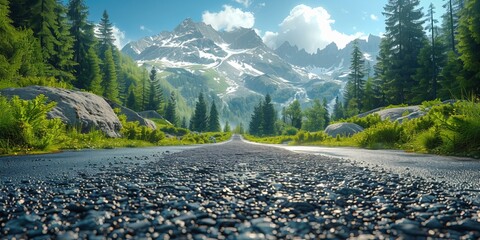 Wall Mural - A scenic mountain road winds through lush forests and snow-capped peaks on a sunny summer day.