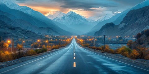 Wall Mural - The scenic road winds through stunning scenery, offering breathtaking views of snow-capped peaks and lush valleys.