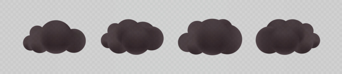 Wall Mural - black 3d cloud set on transparent background: soft, round cartoon fluffy clouds in bubble shape, gre