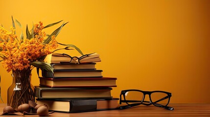 Wall Mural - happy graduation background with pile of books and glasses on yellow background