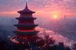 chinese temple at sunset,
Chongqing Hong Pavilion Sunset 