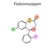 Chemical organic formula of Flubromazepam diagram hand drawn schematic raster illustration. Medical science educational illustration