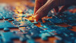 A person is concentrating on placing a puzzle piece onto a larger puzzle, focusing on fitting it into the correct spot