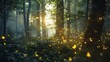 Glowing fireflies, dense forest, close-up, low angle, ethereal twilight, enchanted ambiance