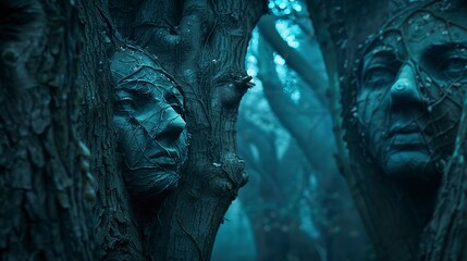 Poster - Enchanted trees with faces, forest depth, close-up, straight-on angle, dusk's whispering tales