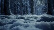 Snow drifts on forest floor, close-up, low angle, tranquil, clear winter night 