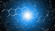 Chemical molecules and elements word cloud illustration on bright blue abstract background.