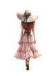 Walking Stylish fashionable young woman girl in a pink dress with a straw hat; back view. Watercolor illustration isolated on transparent background