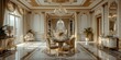 A fancy dining room with gold and white decor. AI.
