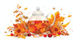 Glass teapot with hot tea adorned by autumn leaves