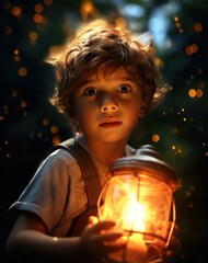 Canvas Print - A young boy holding a lantern with lights around it. AI.