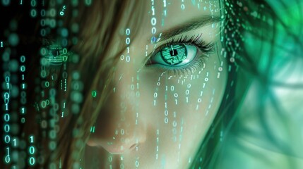 Canvas Print - A woman with green eyes and a computer screen behind her. AI.