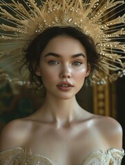 Canvas Print - A woman wearing a gold crown with feathers on it. AI.