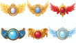 Gold fantasy game button set with crown and wings car