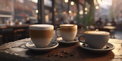 Wall Mural - Three Lattes with Latte Art on a Cafe Table