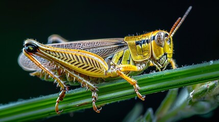 Wall Mural - Insects and Bugs: A macro close-up photo of a grasshopper perched on a blade of grass