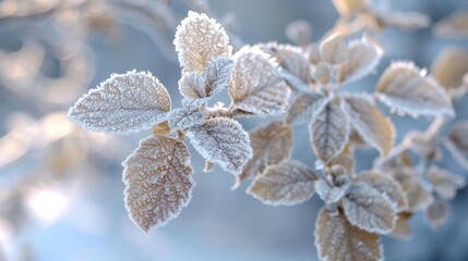 Wall Mural - Seasonal Leaves: A close-up photo of frost-covered leaves on a winter morning