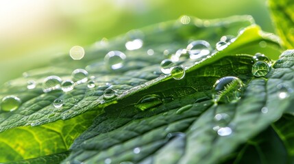 Wall Mural - Water Droplets: A macro close-up photo of water droplets glistening on a green leaf