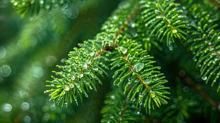 Wall Mural - Water Droplets: A macro close-up photo of water droplets on a pine needle