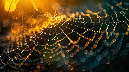 Wall Mural - Water Droplets: A macro close-up photo of water droplets on a spider web