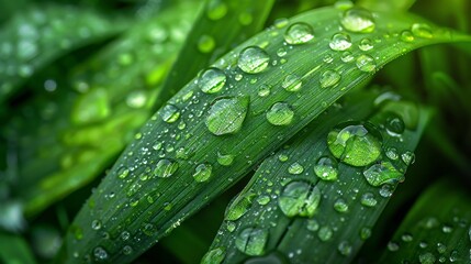 Wall Mural - Water Droplets: A macro close-up photo of water droplets on a blade of grass