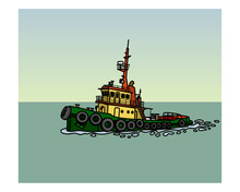 A Small Auxiliary Vessel. Harbour Support Ship. Vector Image For Prints, Poster And Illustrations.